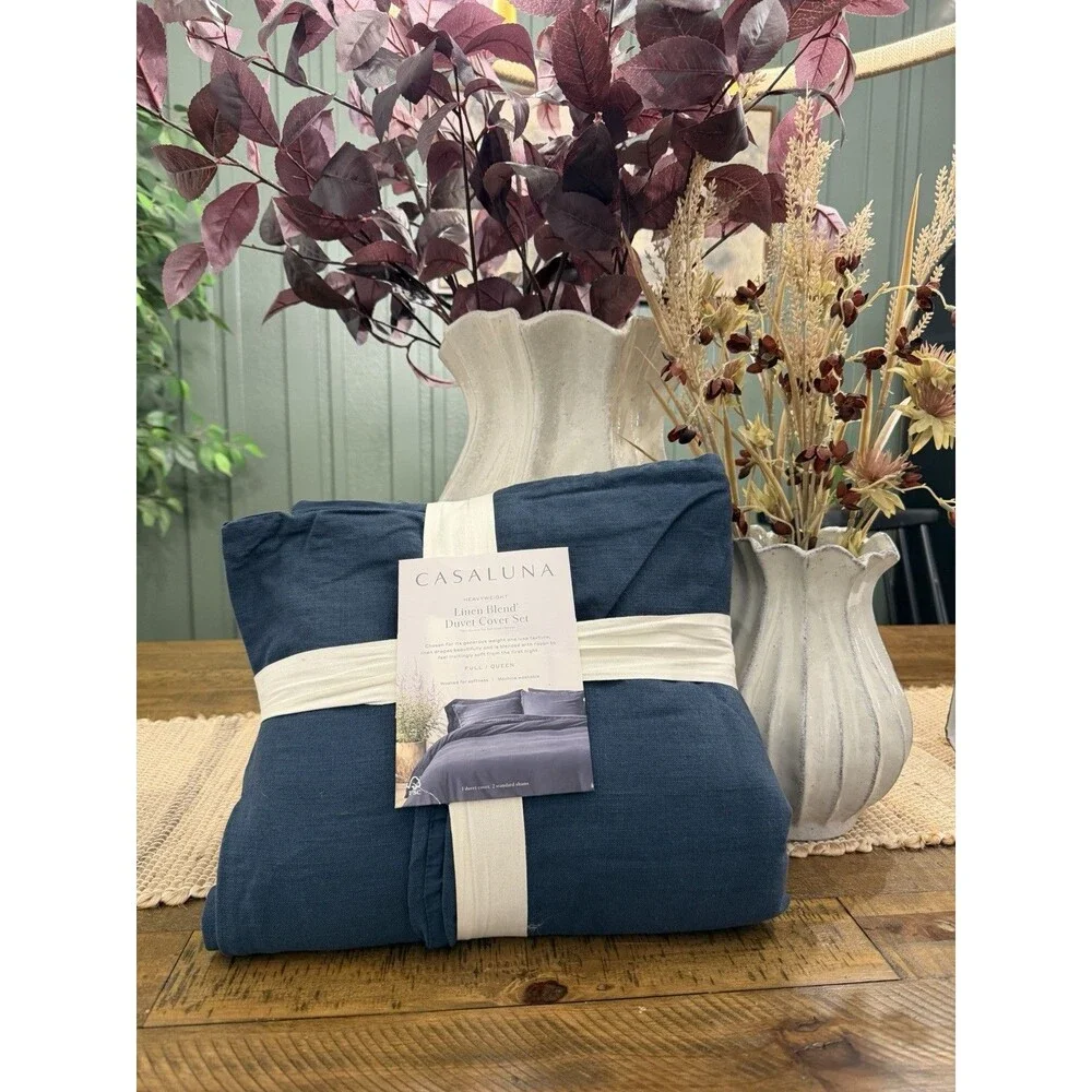 Full/Queen Heavyweight Linen Blend Duvet Cover and Sham Set Dark Mineral Blue